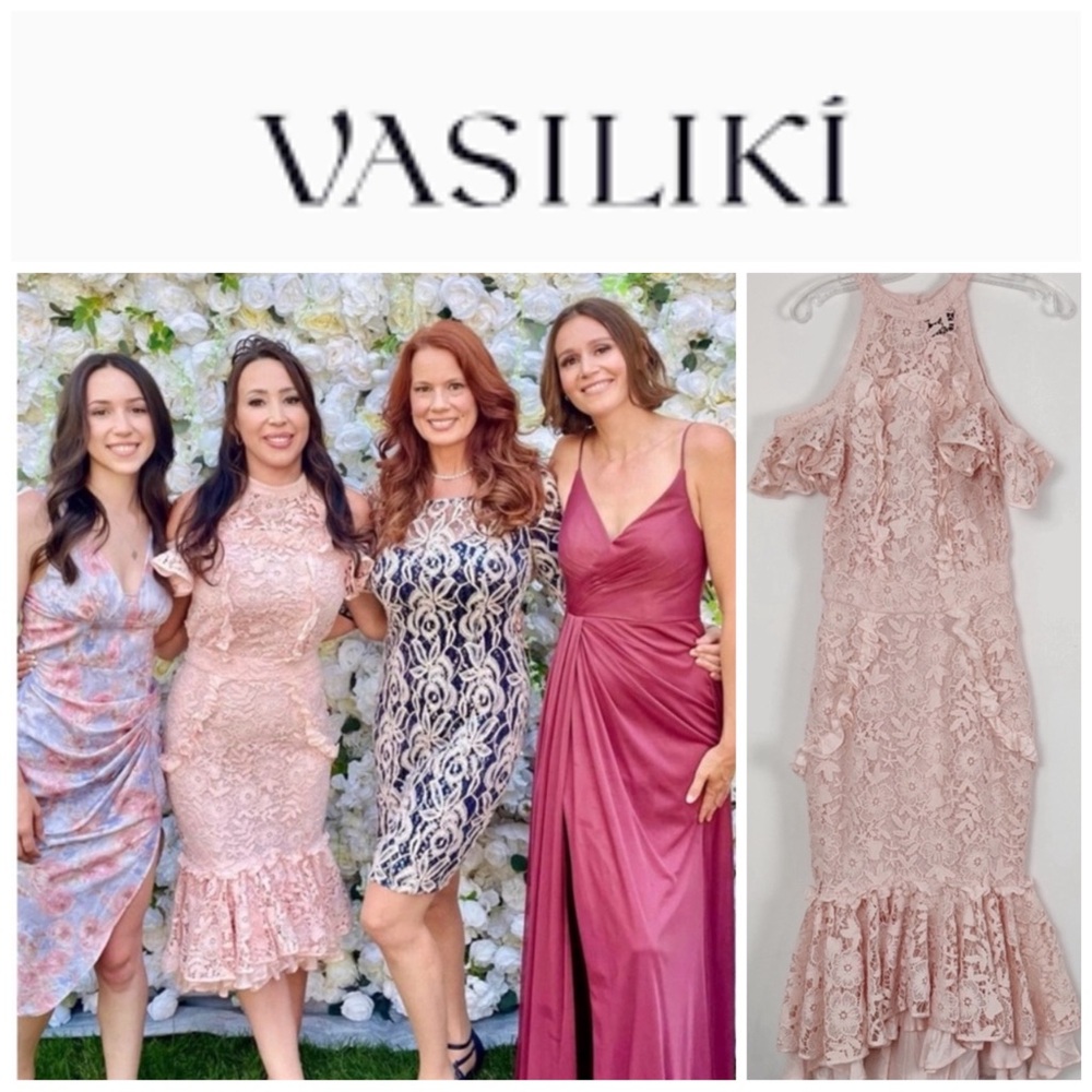 Vasiliki Hestia Lace Dress Blush Pink Lace Cold Shoulder - Size 4 Evening Prom
